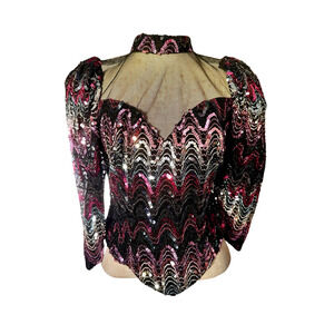 80s Pink Sequin Black Mesh Party Blouse SM/MED